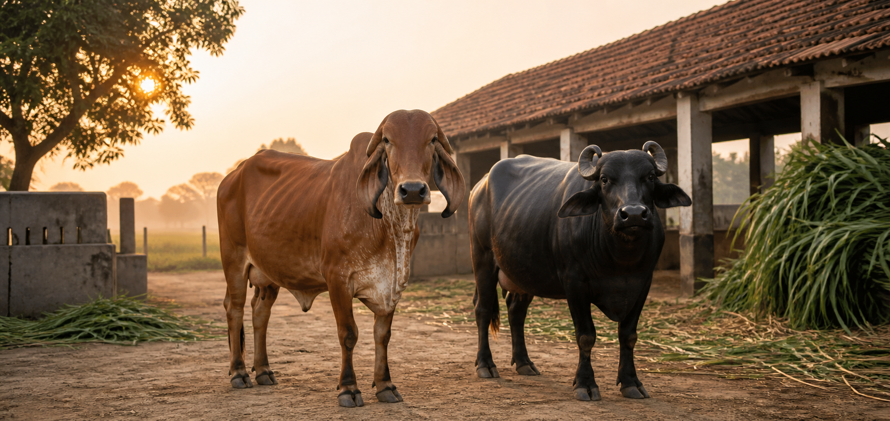 पहाटेच्या शेतात गिर गाय आणि मुर्रा म्हैस